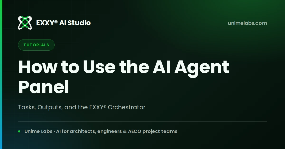 EXXY AI Studio Agent Panel showing the Task selector and output format chooser