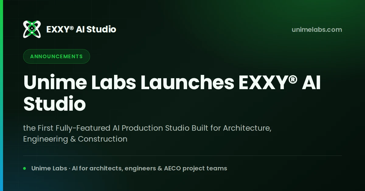 EXXY AI Studio workspace showing BIM analysis, AI presentations and document intelligence