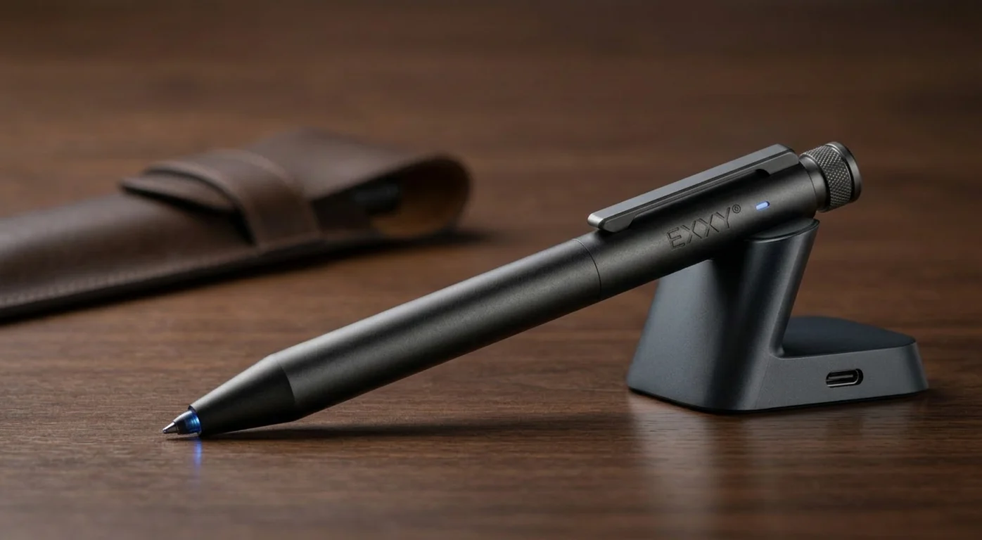 EXXY AI Smart Pen resting on its titanium wireless charging stand