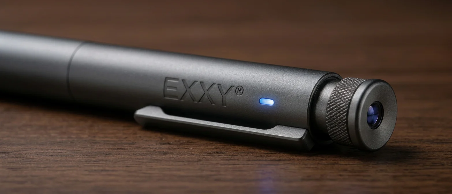 Close-up of the EXXY Smart Pen click plunger with infrared camera and status LED